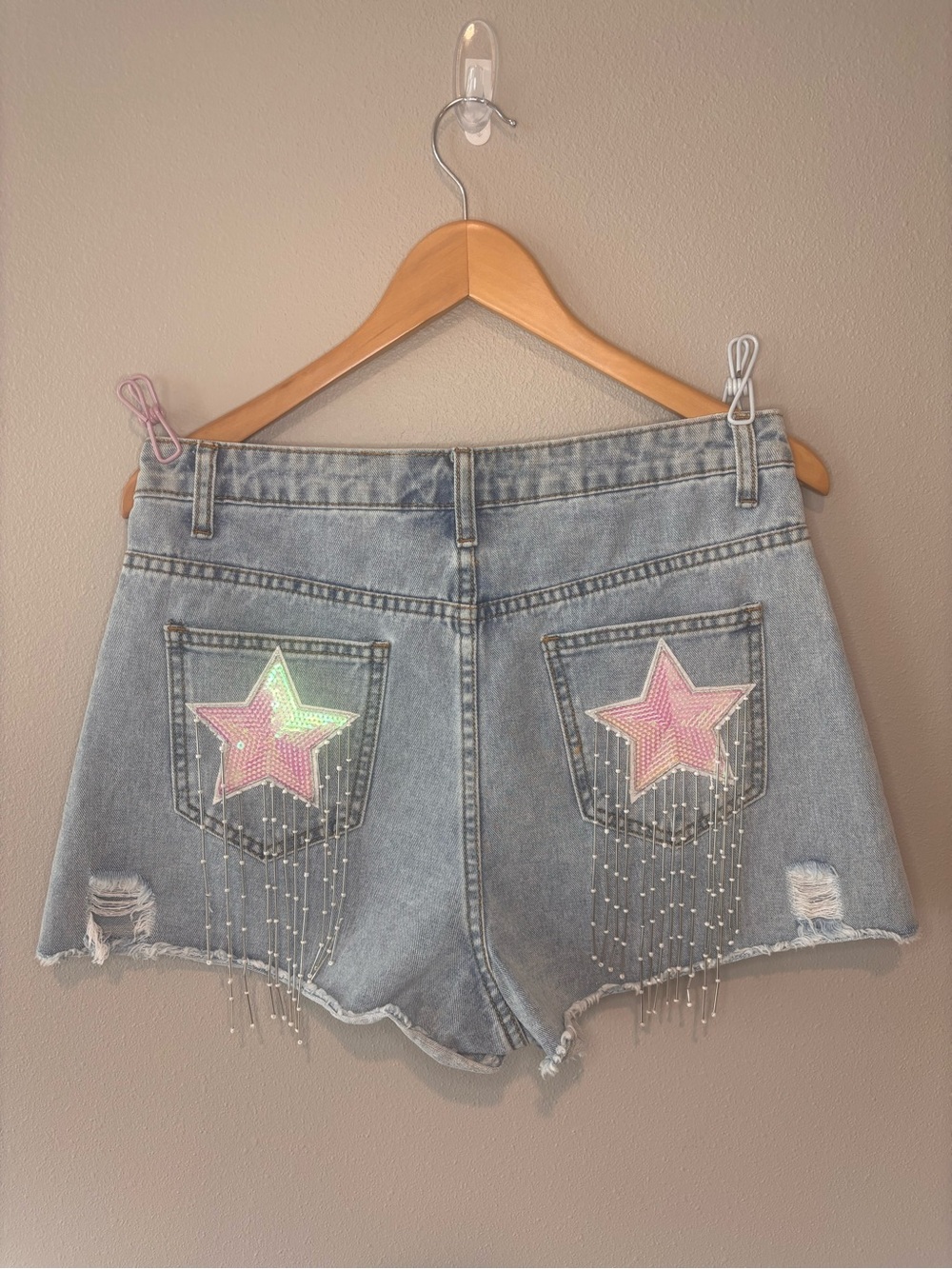 Fantastic Fawn Light Wash Denim Shorts with Pink Sequin Star Pockets